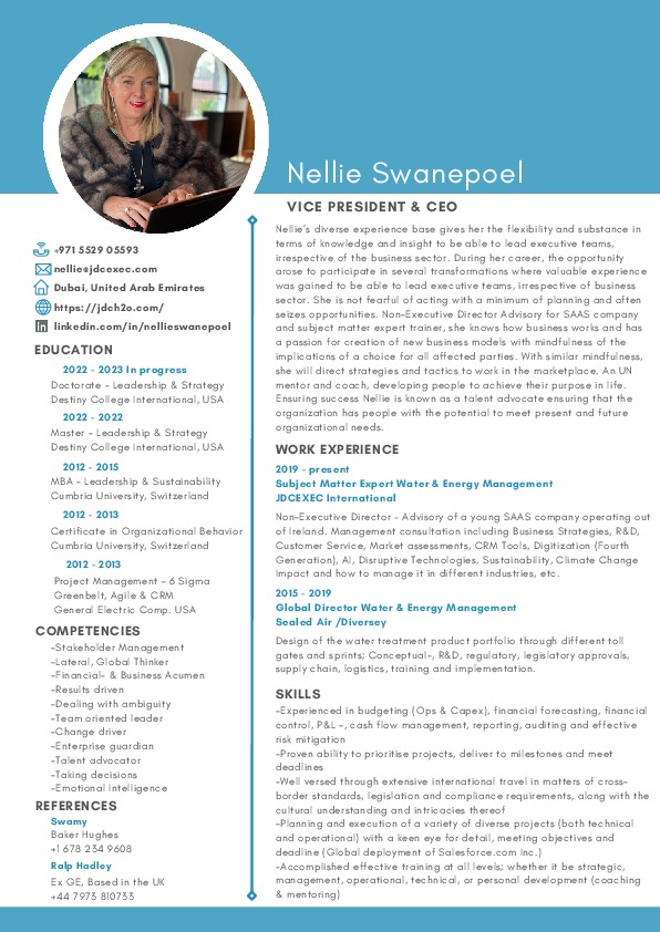 Nellie Swanepoel, Founder, Vice President and CEO at JDCEXEC International (JDCH2O)