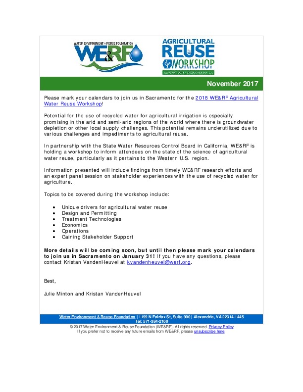Save the Date - Agricultural Water Reuse Workshop