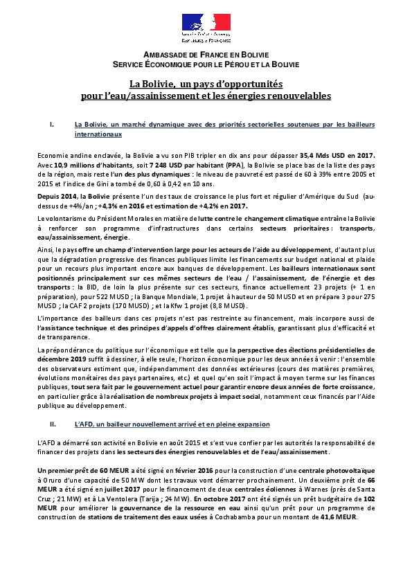 La Bolivie, un pays d’opportunités pour l’eau/assainissement et les énergies renouvelables