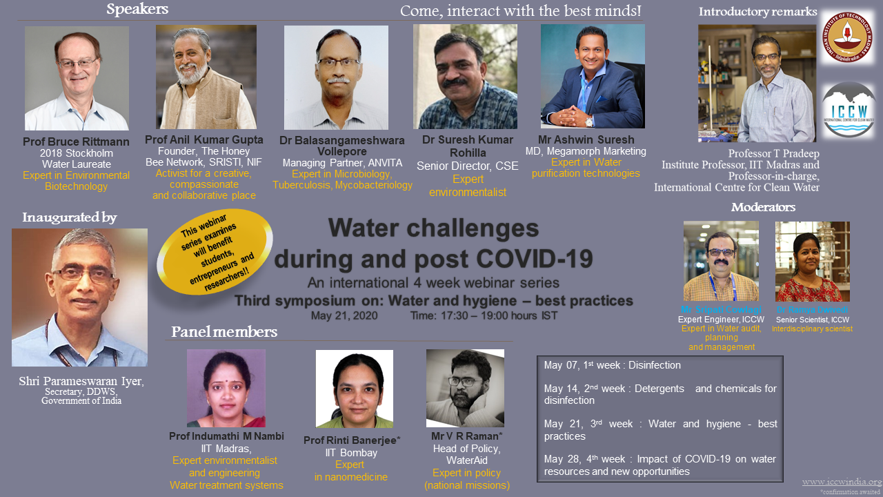 The third symposium in the series, 'Water challenges during and post COVID-19' has been announced. The theme of this symposium is 'Water and hyg...