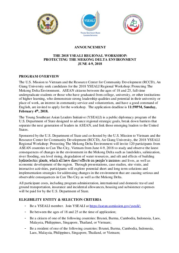 The&nbsp;2018 YSEALI Regional&nbsp;Workshop:&nbsp;Protecting the&nbsp;Mekong&nbsp;Delta&nbsp;Environment June&nbsp;4-9, 2018 Program Overview Th...